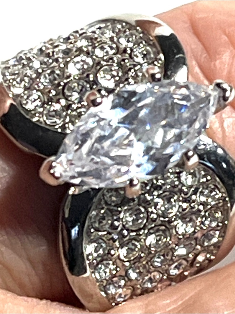 SETA Signed Silver Marquise Cut Crystal Ring Pave Crystal Accents SZ 9.5 See Pic